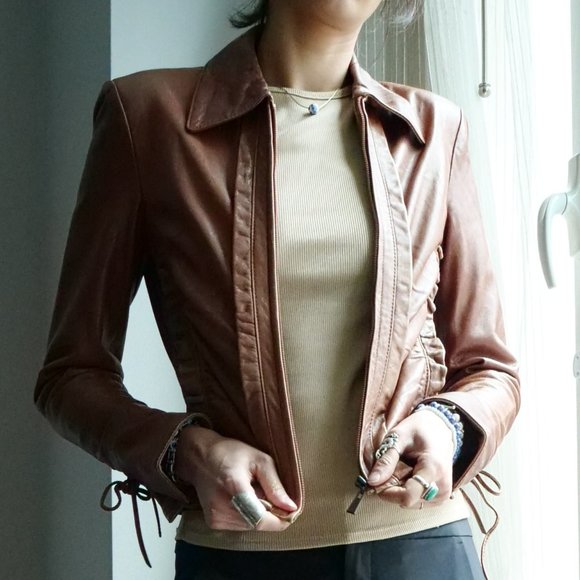 REILLY OLMES Jackets & Blazers - VINTAGE Lace-up Sleeve Ruched Leather Jacket
